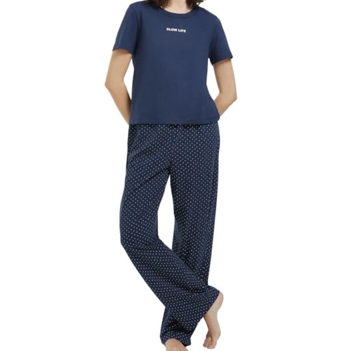 Pijama Hering Feminino Verão Com Calça 7C8d Azul Marinho