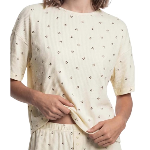 Detalhe - Pijama Hering Feminino Verão Com Calça 7D0W Amarelo Claro