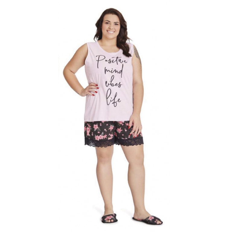 PIJAMA MALHA FEMININO SEM MANGA 5000 - ANNA KOCK - ROSA/PRETO - Linha  Conforto