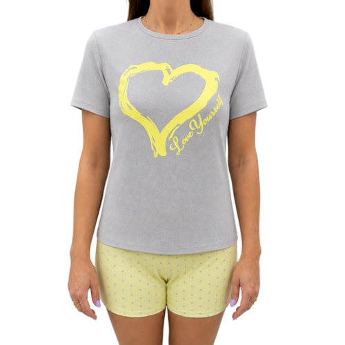 Pijama Malhafil Feminino Verão 100.1551 Cinza Mescla/Amarelo