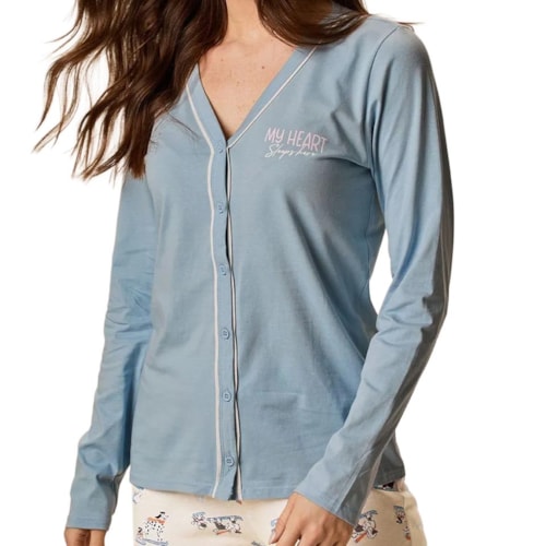 Detalhe - Pijama Malwee Feminino Aberto Inverno 134470 Dog/Azul