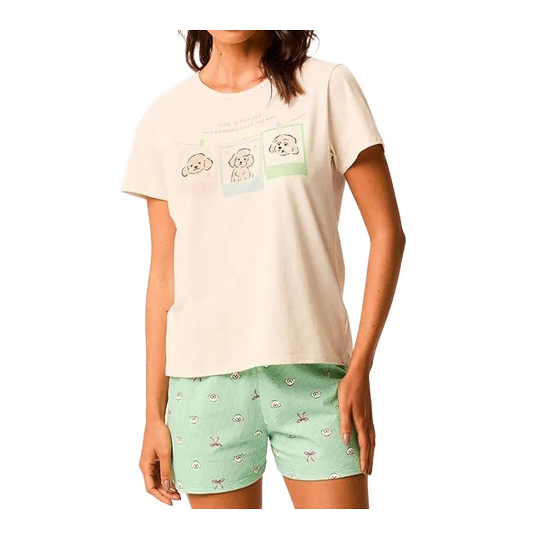 Pijama Malwee Feminino Verão 138921 Creme/Verde Claro