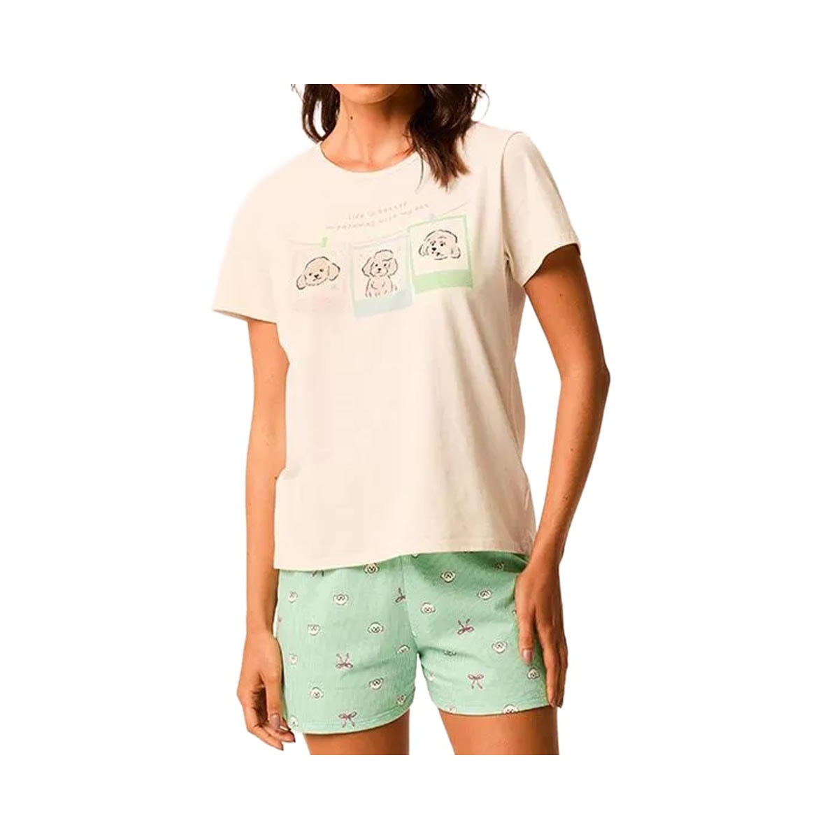Pijama Malwee Feminino Verão 138921 Creme/Verde Claro