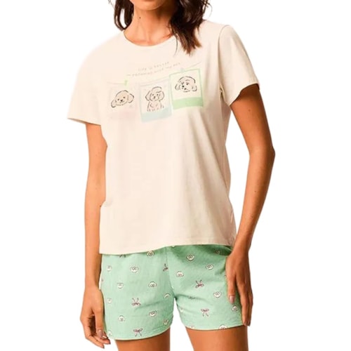 Pijama Malwee Feminino Verão 138921 Creme/Verde Claro