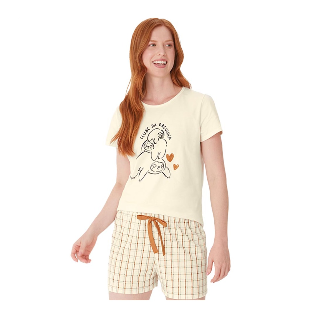 Pijama Malwee Feminino Verão Meia Manga 130678 Creme