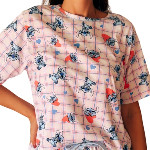 Detalhe - Pijama Malwee Menina Meia Manga 1000130034 Azul Stitch