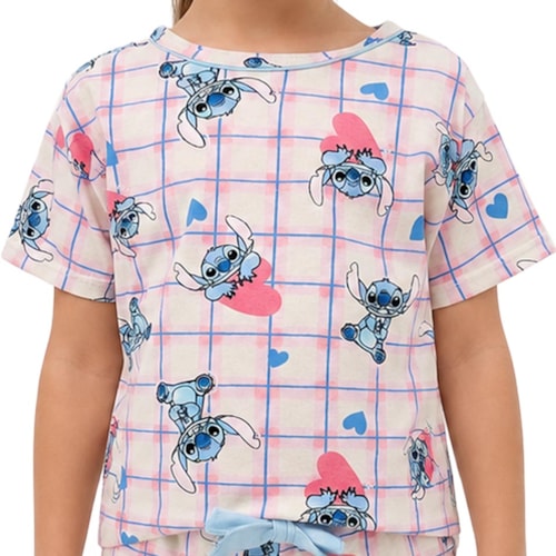 Detalhe - Pijama Malwee Menina Meia Manga 1000130034 Azul Stitch