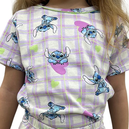 Detalhe - Pijama Malwee Menina Meia Manga 1000130034 Lilas Stitch