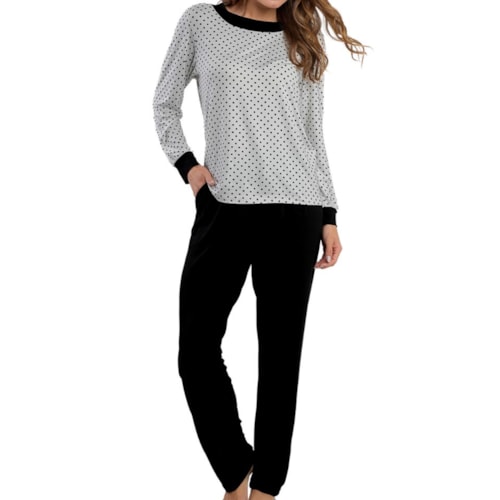Pijama Podiun Feminino Fechado Inverno 265106 Poa Off White