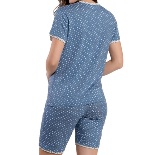 Detalhe - Pijama Podiun Feminino Verão Aberto Bermuda 265133 Poa Azul