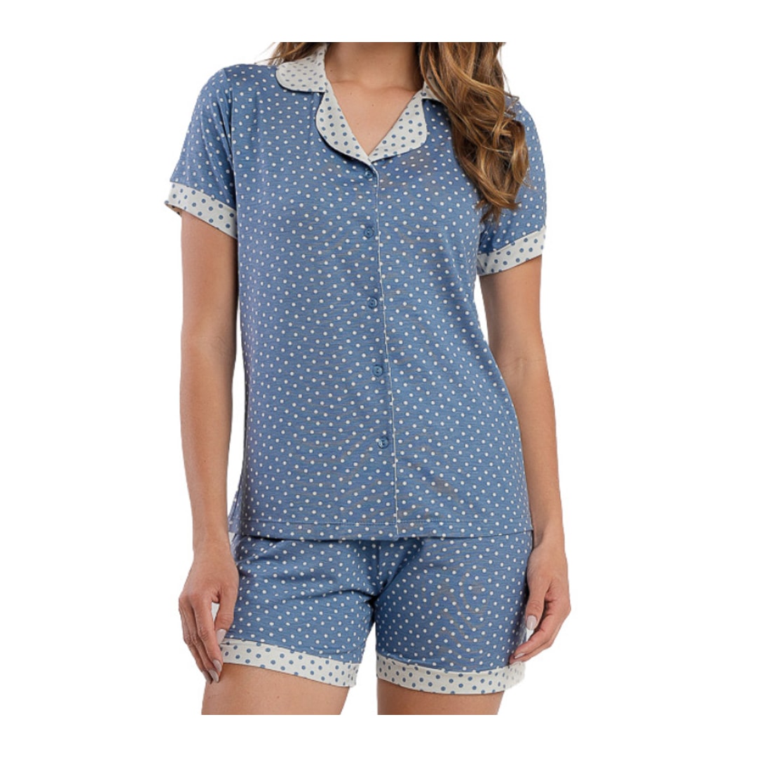 Pijama Podiun Feminino Verão Aberto Bermuda 265133 Poa Azul