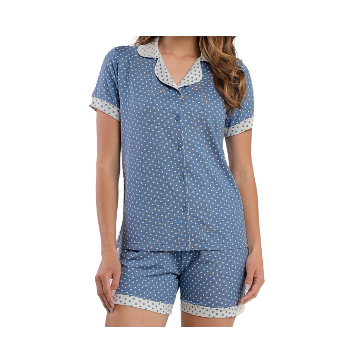 Pijama Podiun Feminino Verão Aberto Bermuda 265133 Poa Azul