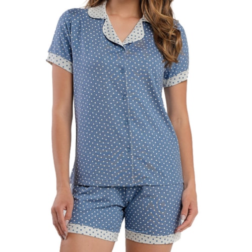 Pijama Podiun Feminino Verão Aberto Bermuda 265133 Poa Azul