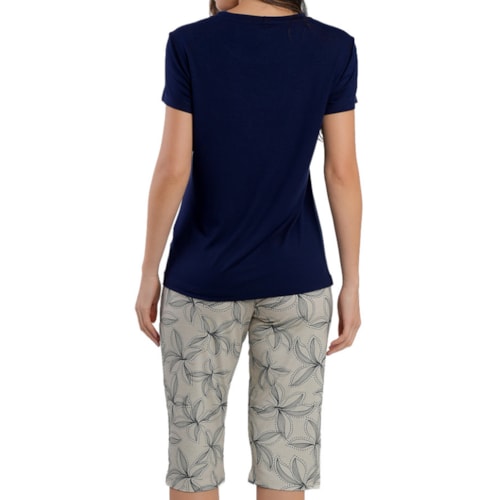 Detalhe - Pijama Podiun Feminino Verão Aberto Capri 265125 Azul Marinho