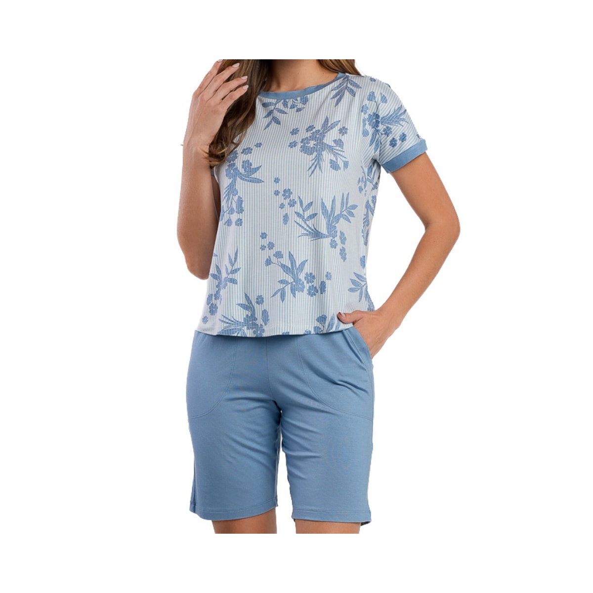 Pijama Podiun Feminino Verão Meia Manga 265131 Azul Floral