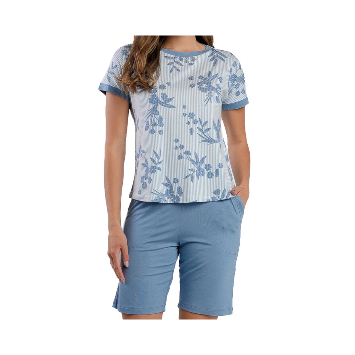 Pijama Podiun Feminino Verão Meia Manga 265131 Azul Floral