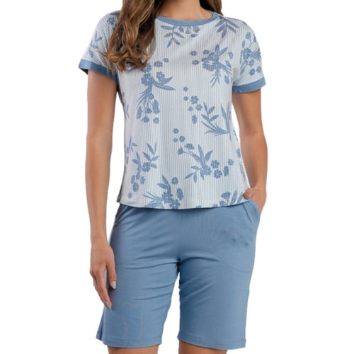 Detalhe - Pijama Podiun Feminino Verão Meia Manga 265131 Azul Floral