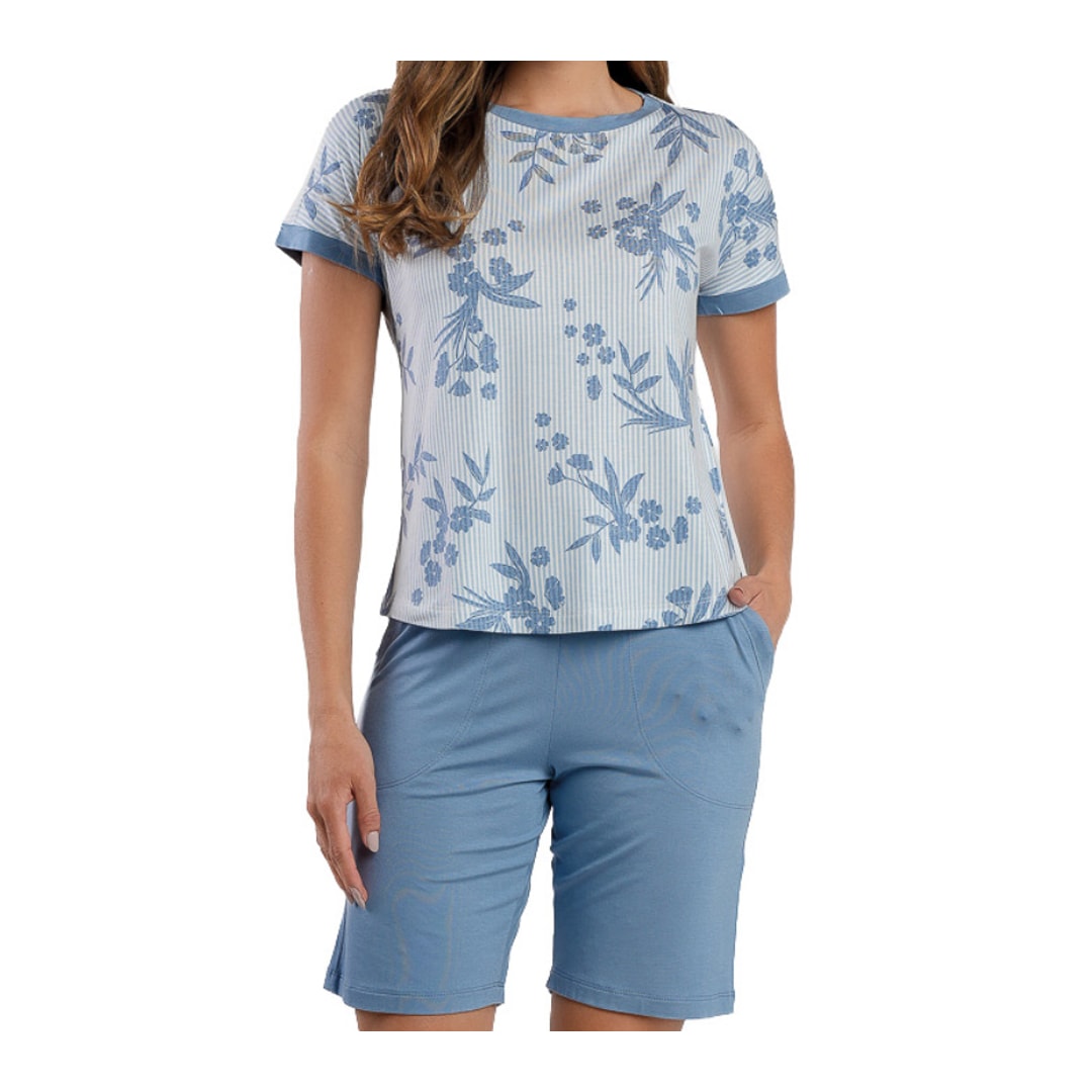 Pijama Podiun Feminino Verão Meia Manga 265131 Azul Floral