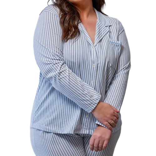 Detalhe - Pijama Zee Rucci Feminino Aberto Inverno Zr3201-050 Azul Listra