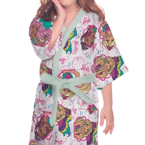 Detalhe - Roupao Lepper Infantil Felpudo Quimono Barbie Rosa