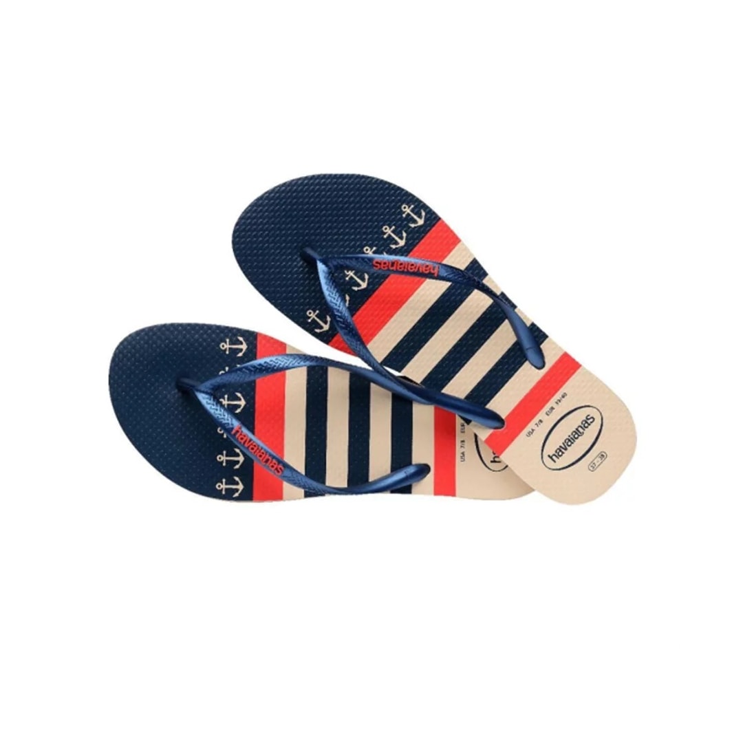 Sandália Havaianas Chinelo Slim Nautical Bege Palha/Marinho Sandália Havaianas Chinelo Slim Nautical Bege Palha/Marinho