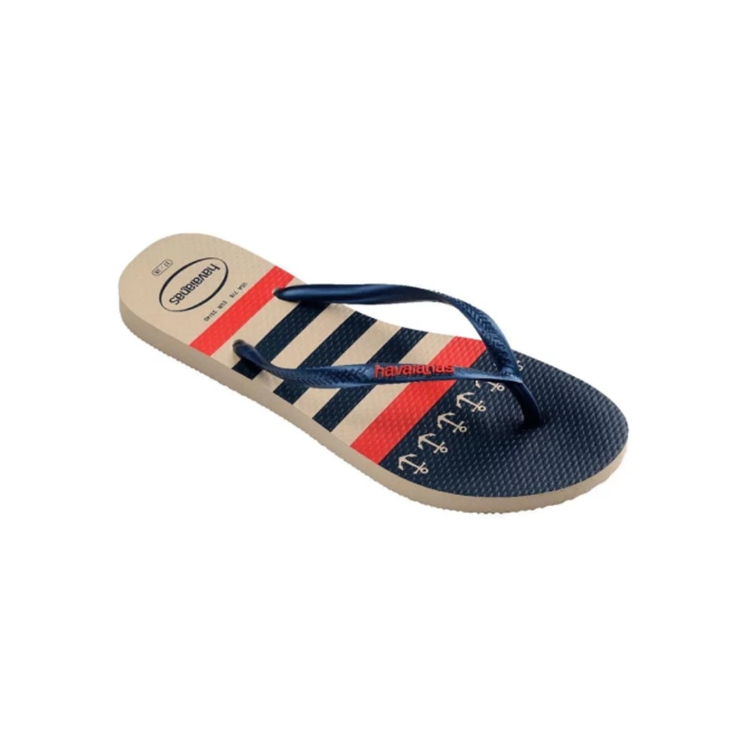 Sandália Havaianas Chinelo Slim Nautical Bege Palha/Marinho