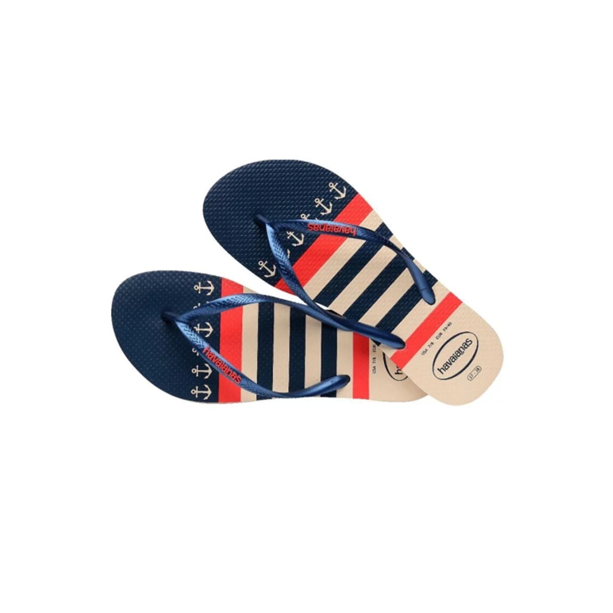 Sandália Havaianas Chinelo Slim Nautical Bege Palha/Marinho