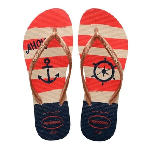 Sandalia Havaianas Chinelo Slim Nautical Bege Palha/Rose Gold