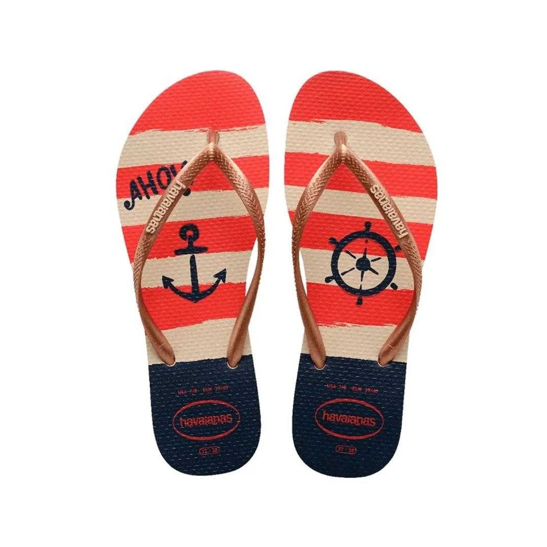 Sandália Havaianas Chinelo Slim Nautical Bege Palha/Rose Gold