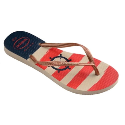 Detalhe - Sandália Havaianas Chinelo Slim Nautical Bege Palha/Rose Gold