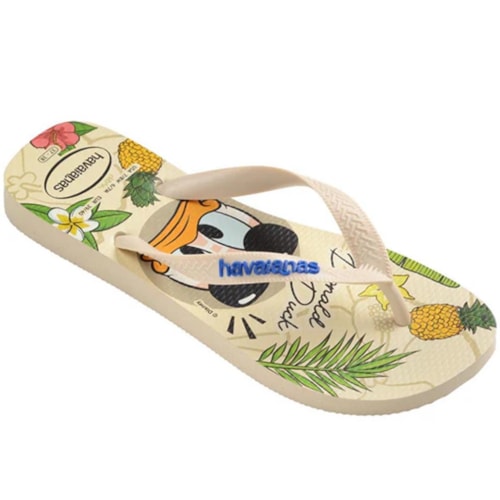 Detalhe - Sandália Havaianas Chinelo Top Disney Classics Pato Donald Bege Palha