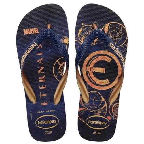 Sandália Havaianas Chinelo Top Marvel Marinho/Dourado