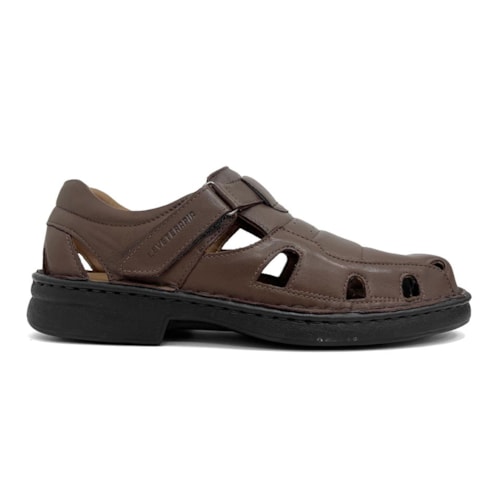 Detalhe - Sandália Leveterapia Masculina Couro L44004 Cafe