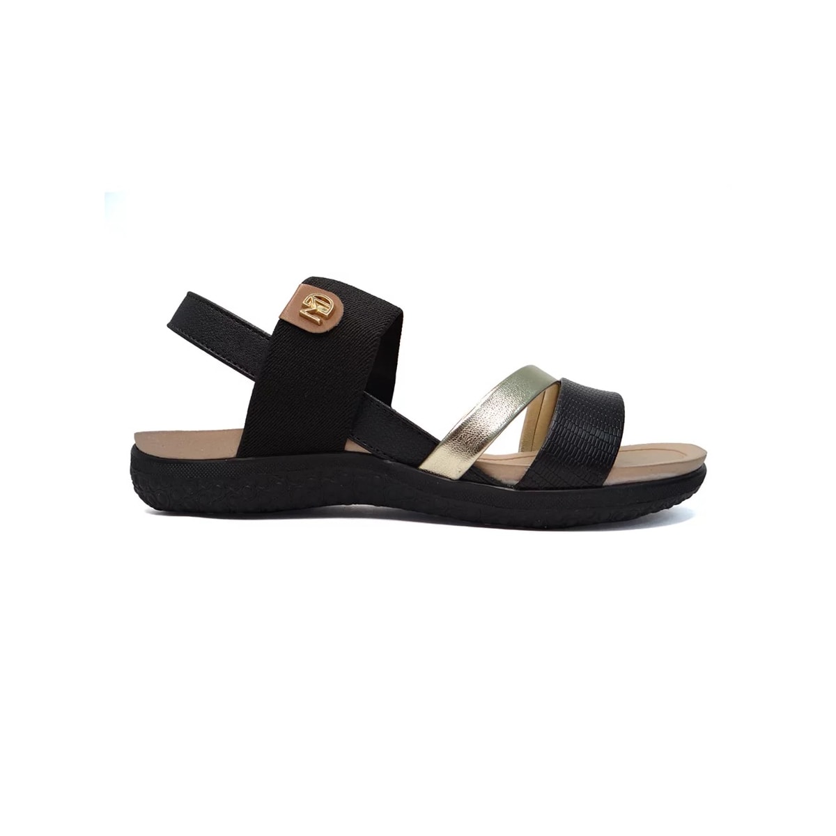 Sandália Modare Rasteira Conforto 7125.233 Preto/Dourado/Camel Sandália Modare Rasteira Conforto 7125.233 Preto/Dourado/Camel
