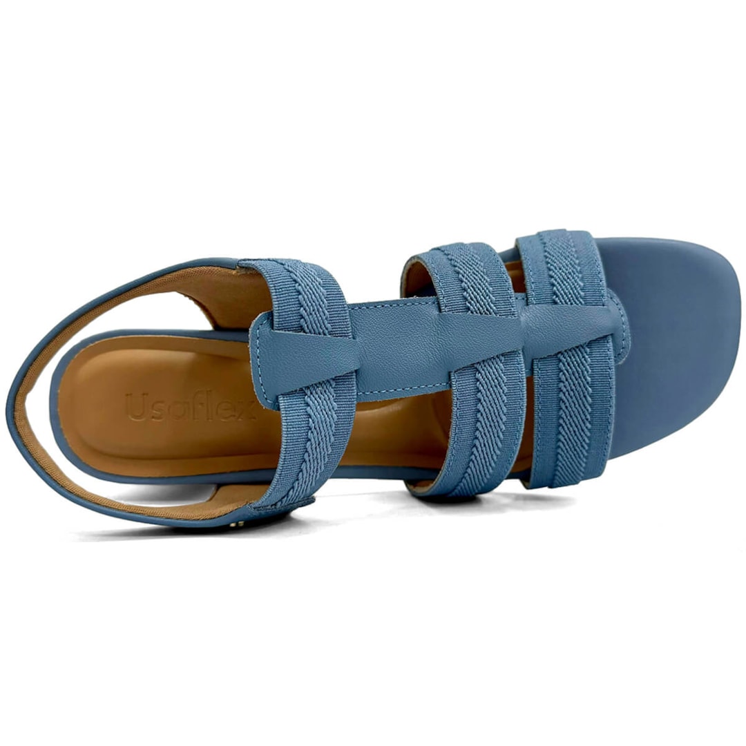 Sandália Usaflex De Couro Salto Bloco Conforto Ma0505003 Azul Horizonte