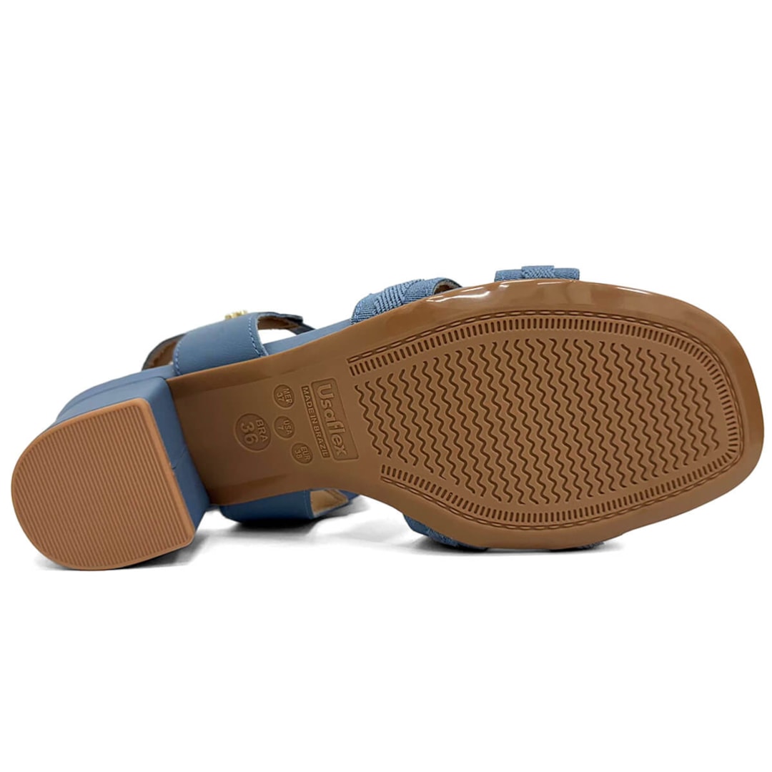 Sandália Usaflex De Couro Salto Bloco Conforto Ma0505003 Azul Horizonte