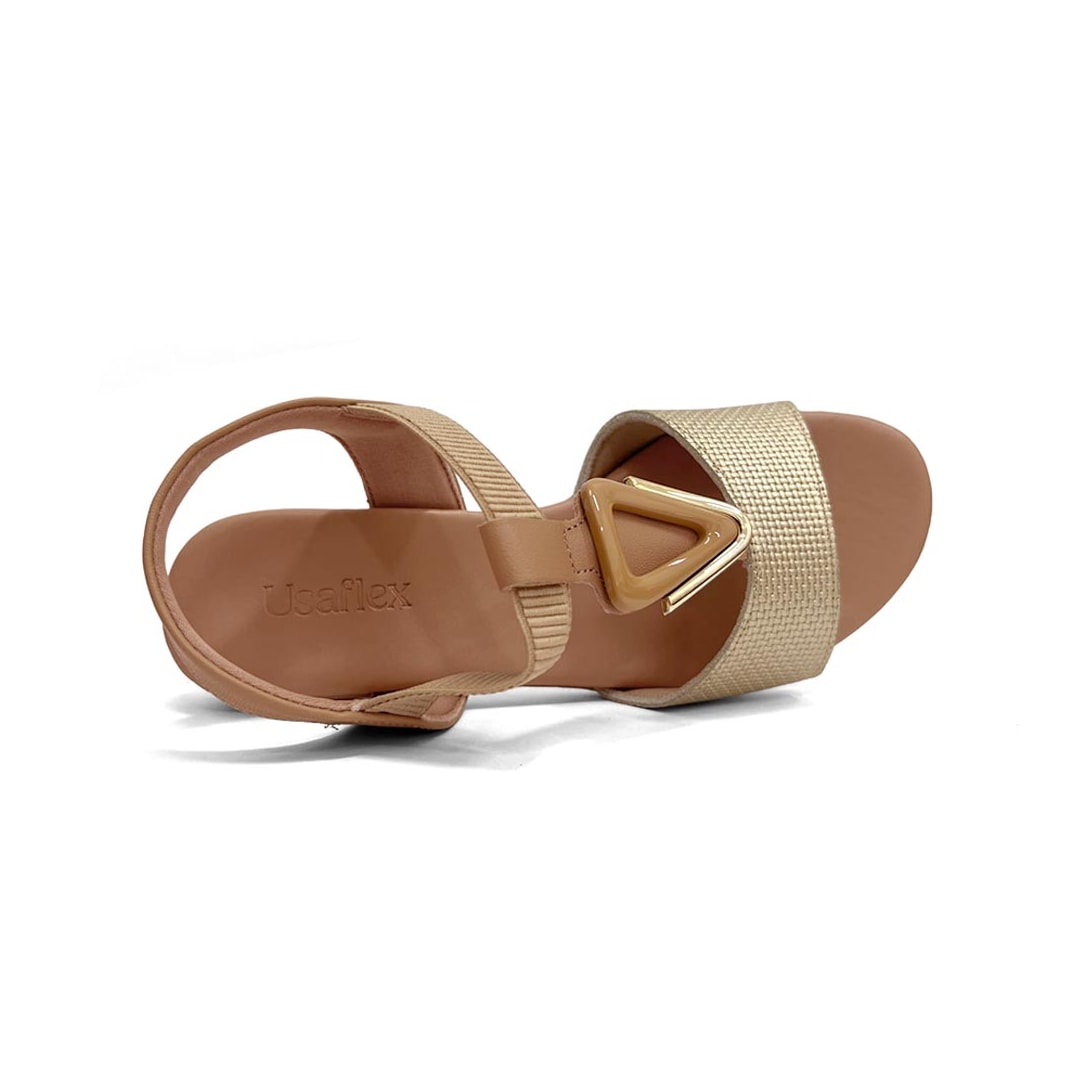 Sandália Usaflex Salto Baixo De Couro Ud1200 Ouro Light
