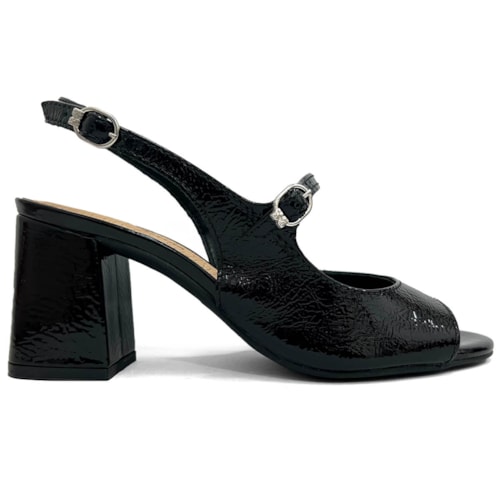 Sapato Bottero Slingback Salto Bloco Couro 362508 Preto Verniz