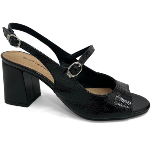 Sapato Bottero Slingback Salto Bloco Couro 362508 Preto Verniz