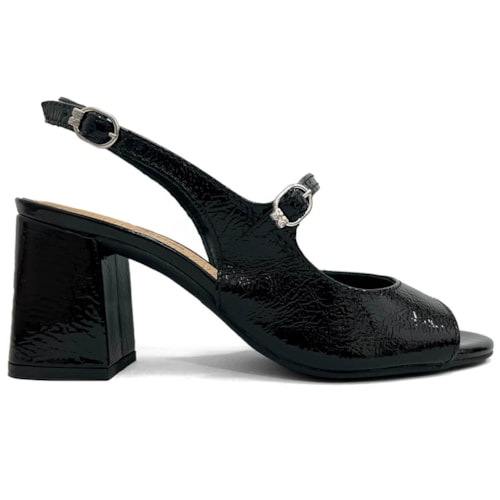 Detalhe - Sapato Bottero Slingback Salto Bloco Couro 362508 Preto Verniz