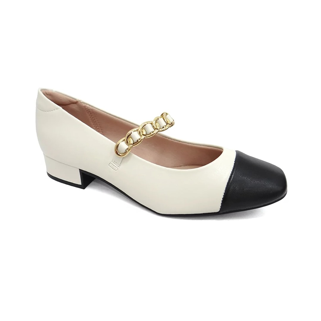 Sapato Moleca Boneca Salto Baixo 5795.103 Branco Off/Preto
