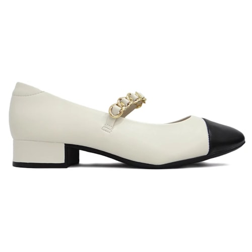 Detalhe - Sapato Moleca Boneca Salto Baixo 5795.103 Branco Off/Preto