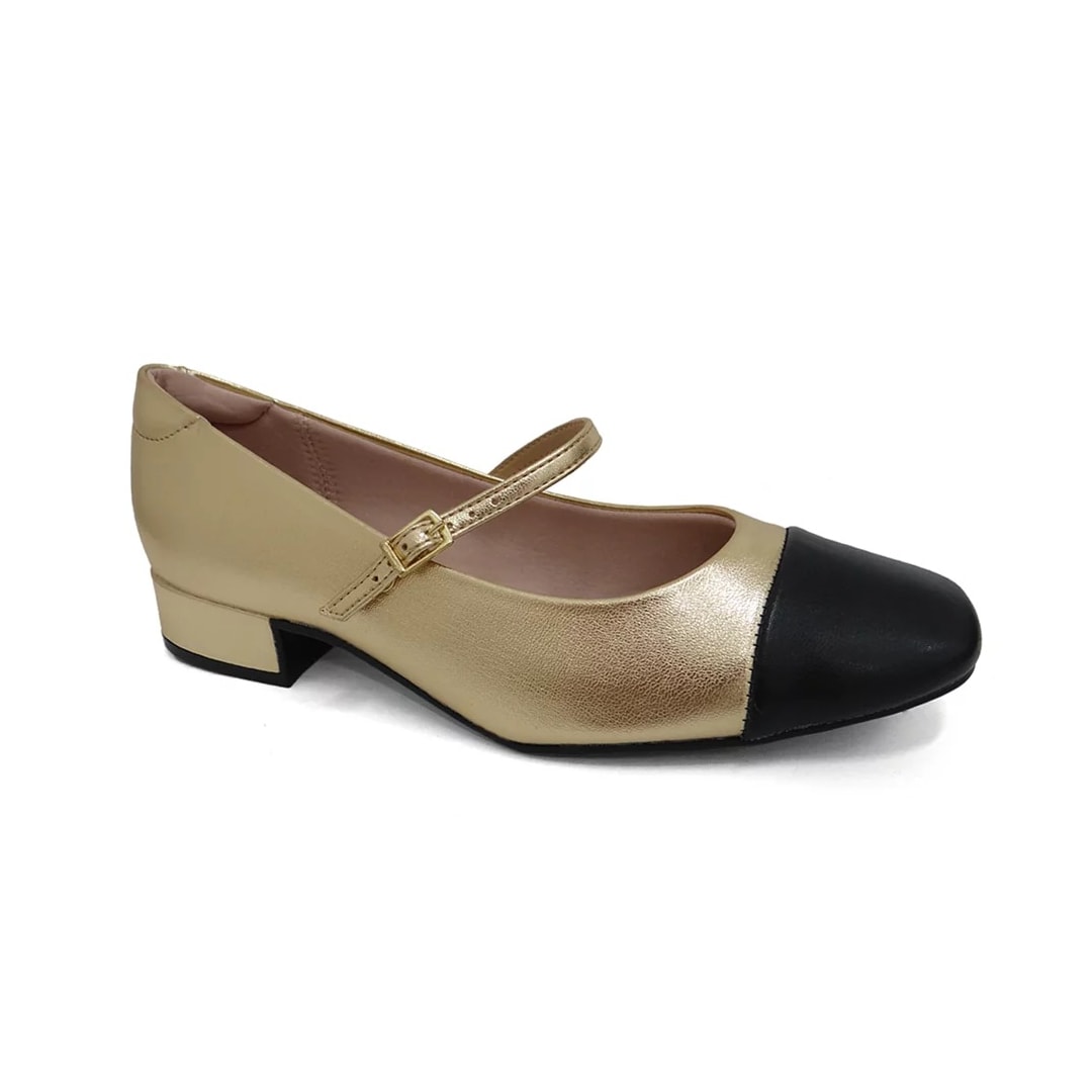 Sapato Moleca Boneca Salto Baixo 5795.103 Dourado/Preto