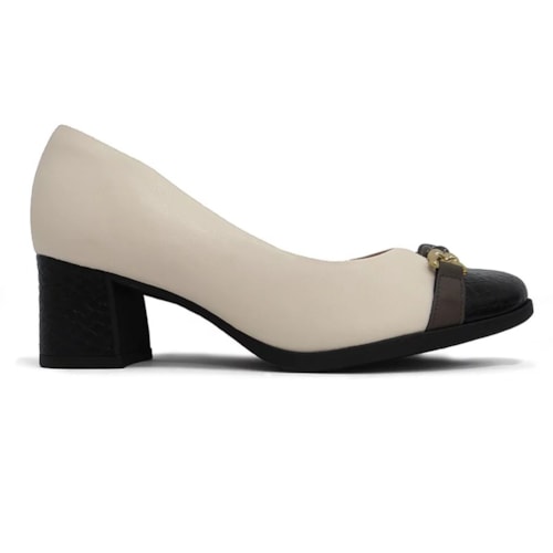 Detalhe - Sapato Piccadilly Salto Bloco 654046 Off White/Preto