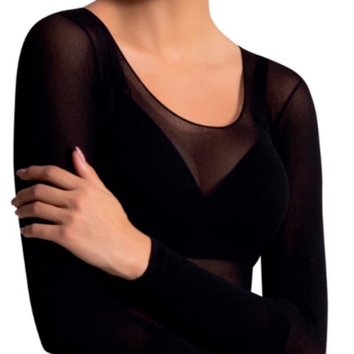 Detalhe - Segunda Pele Selene Manga Longa Decotada Fio 40 9100 Preto