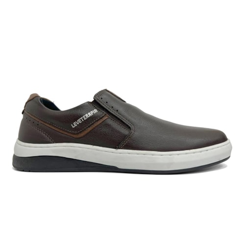 Detalhe - Tênis Leveterapia Casual Masculino Couro 45702 Brown