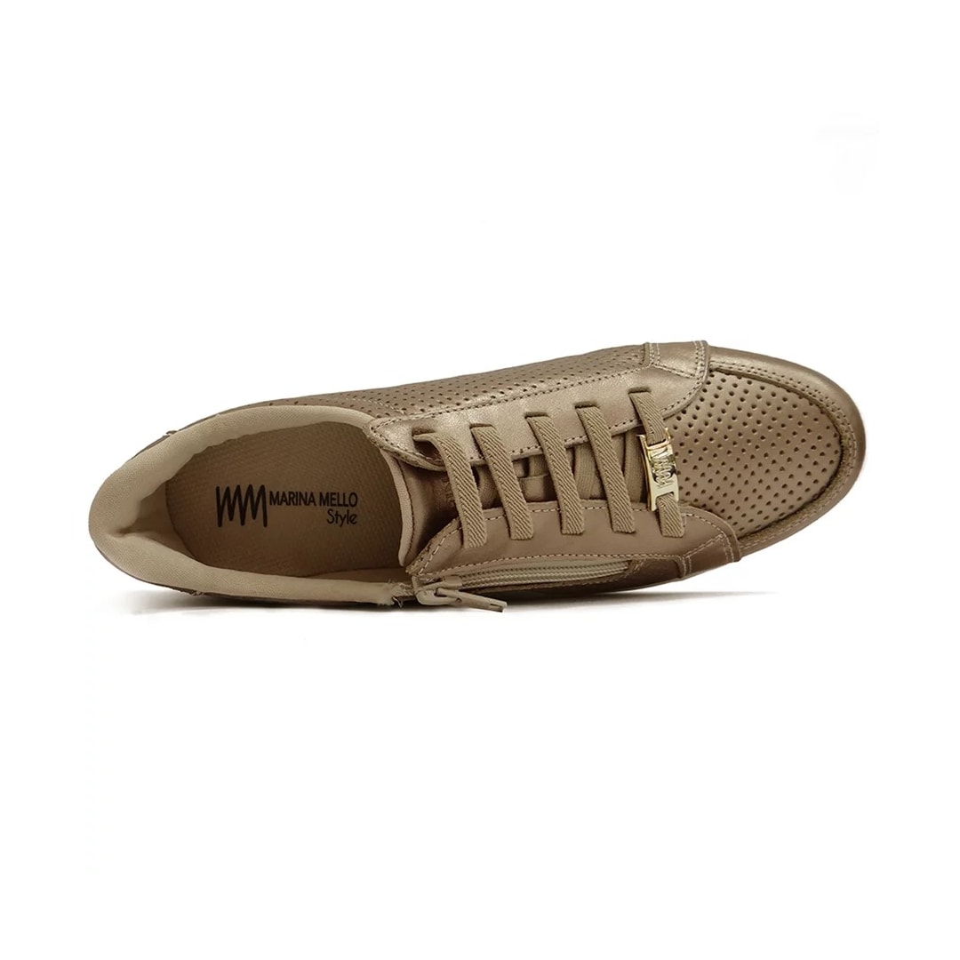 Tênis Marina Mello Casual De Couro 12054 Champagne/Branco