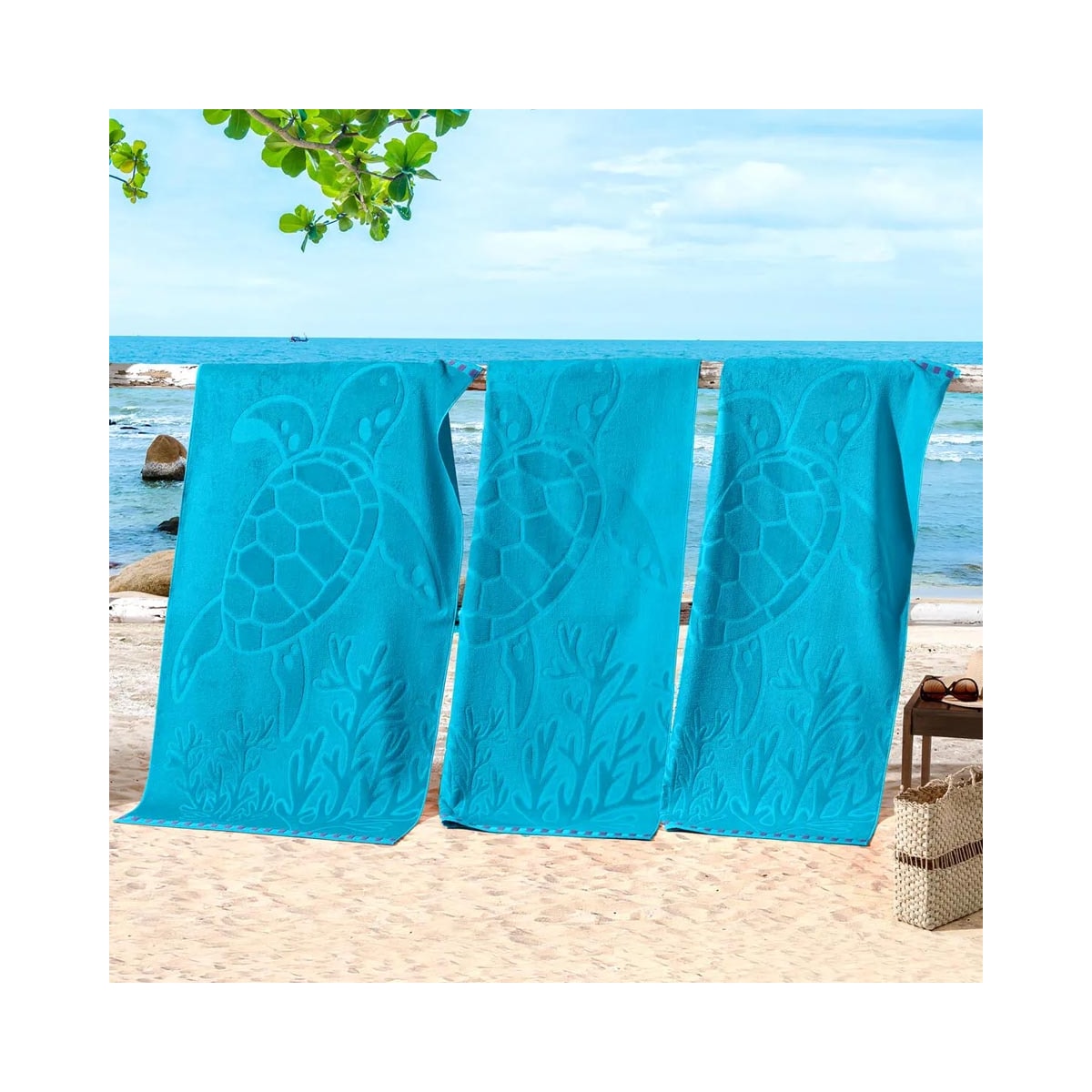 Toalha Bouton Praia Veludo Tartaruga/Azul Topazio