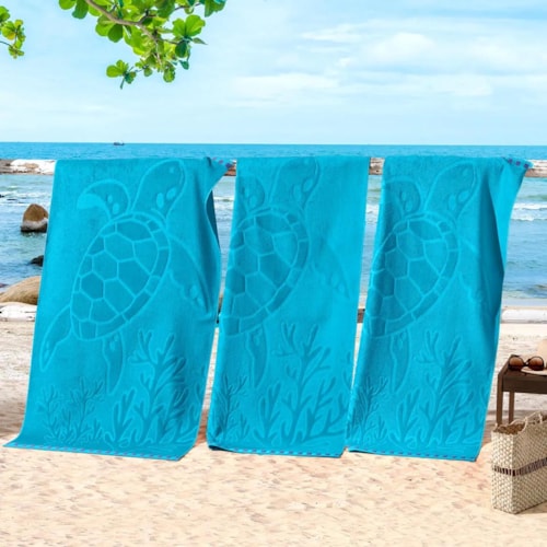 Toalha Bouton Praia Veludo Tartaruga/Azul Topazio