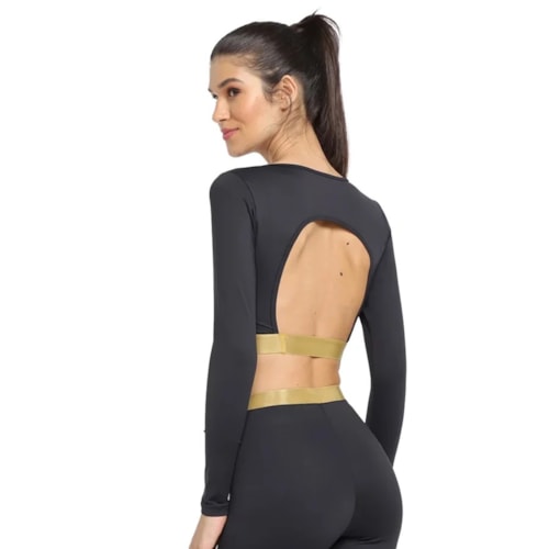 Detalhe - Top Rainha Feminino Manga Longa Elastica 4421072 Preto/Dourado